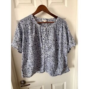 Lucky Brand Blue Floral Smocked Short Sleeve Button Front Blouse Top Womens Med